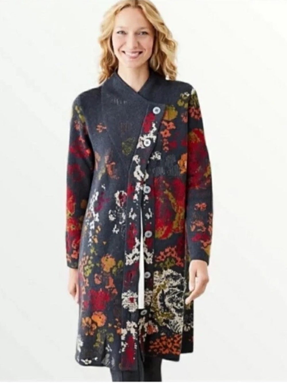 J. Jill Dark Gray Floral Button-Front Long Cardigan